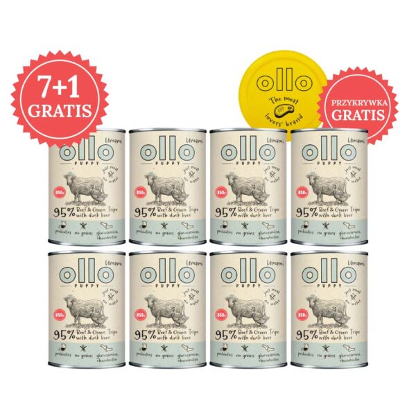 Pakiet 8 szt. karma mokra dla szczeniaka Ollo Umami Wołowina i zielone żwacze 850g w Skład Karmy